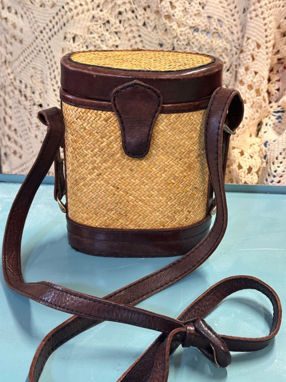 Vintage Rattan & Leather Elliot Lucca Crossbody Bag Boho Cottagecore Purse